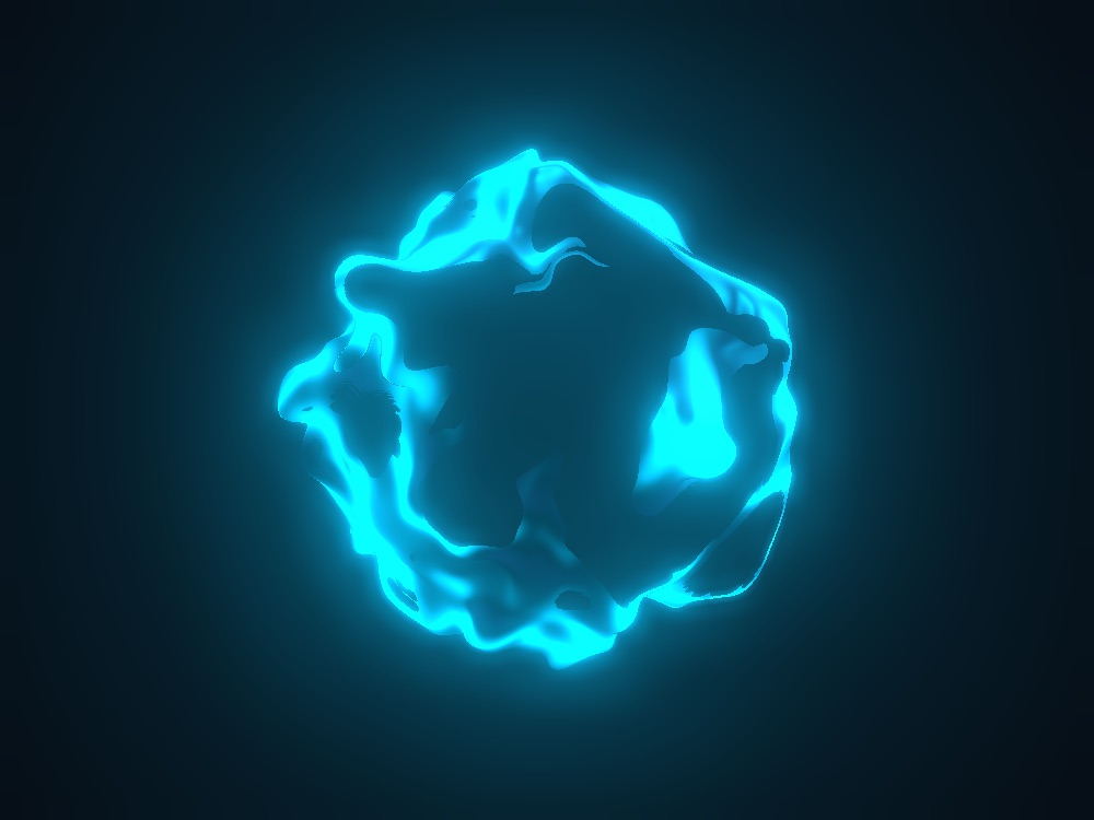 A cyan sphere with a warped, molten-looking surface and bright rim light against a dark background.