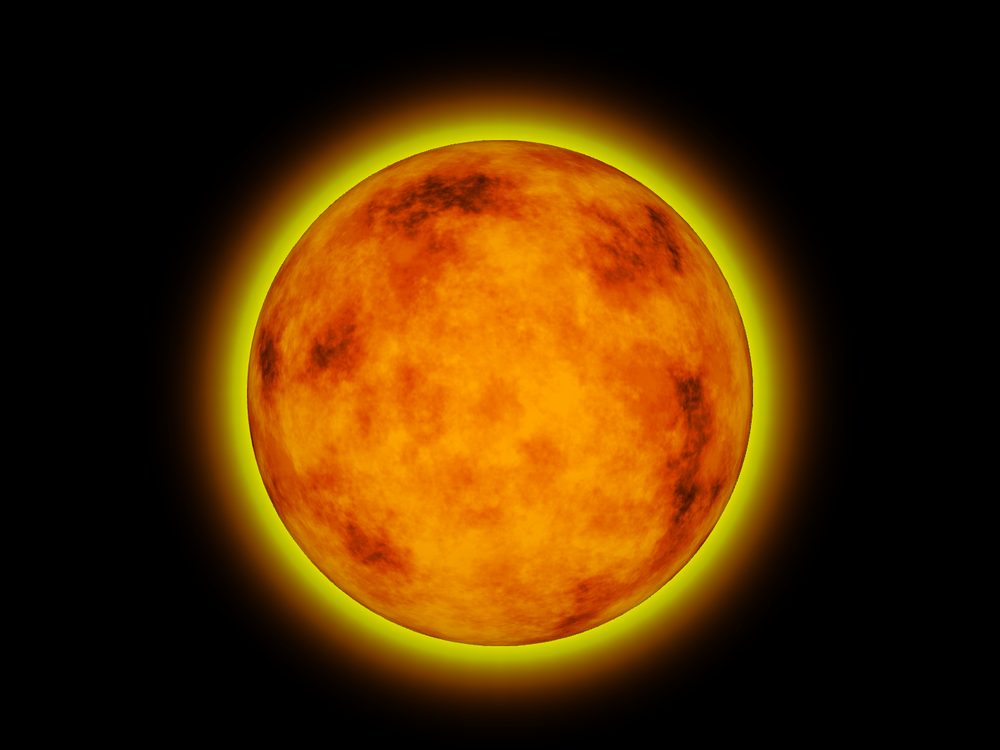 An orange sun with red convection detail across its surface.