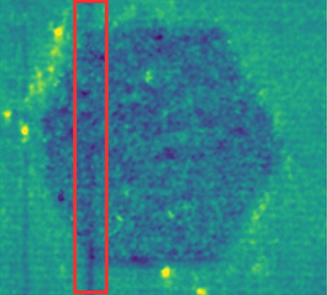 Phase3D heightmap of the same layer. A low vertical streak runs through the boxed region.