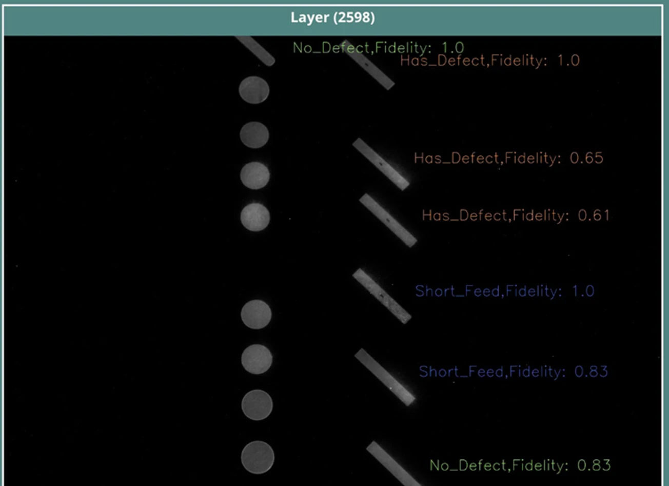 MatVerse view of layer 2598: each part’s cross-section labelled no defect, has defect, or short feed.
